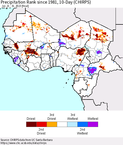 Western Africa Precipitation Rank since 1981, 10-Day (CHIRPS) Thematic Map For 7/21/2023 - 7/31/2023