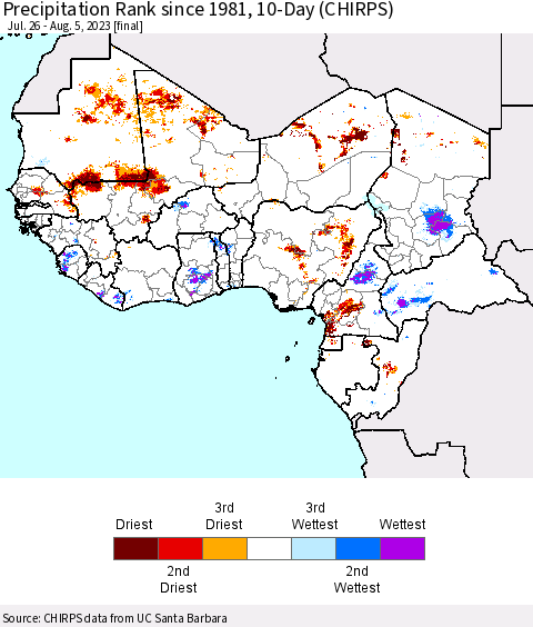 Western Africa Precipitation Rank since 1981, 10-Day (CHIRPS) Thematic Map For 7/26/2023 - 8/5/2023