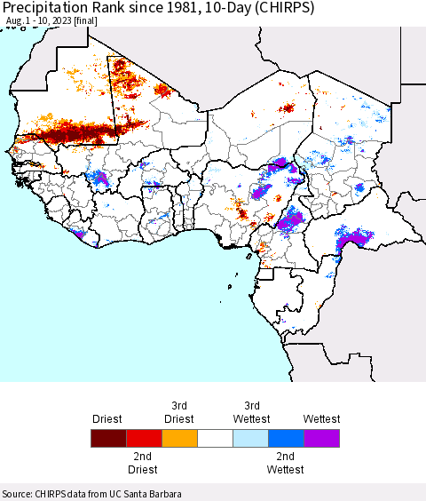 Western Africa Precipitation Rank since 1981, 10-Day (CHIRPS) Thematic Map For 8/1/2023 - 8/10/2023