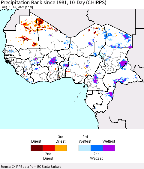 Western Africa Precipitation Rank since 1981, 10-Day (CHIRPS) Thematic Map For 8/6/2023 - 8/15/2023