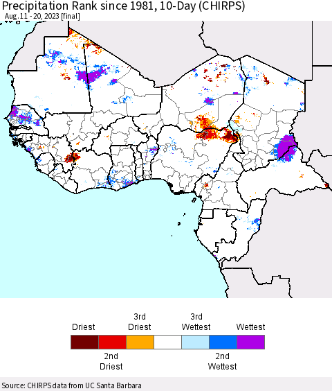Western Africa Precipitation Rank since 1981, 10-Day (CHIRPS) Thematic Map For 8/11/2023 - 8/20/2023