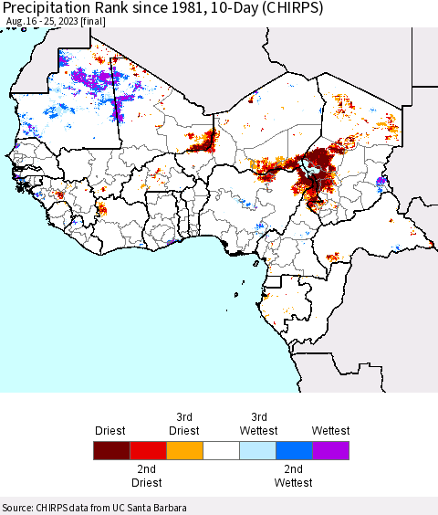 Western Africa Precipitation Rank since 1981, 10-Day (CHIRPS) Thematic Map For 8/16/2023 - 8/25/2023