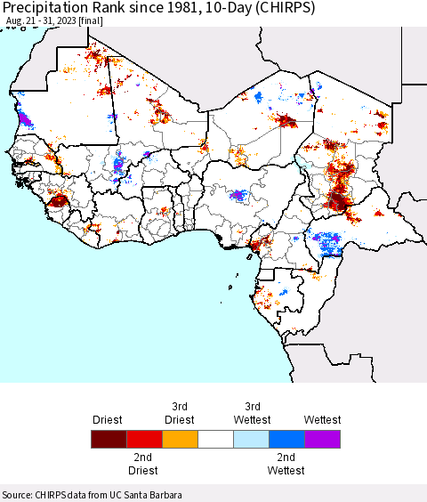 Western Africa Precipitation Rank since 1981, 10-Day (CHIRPS) Thematic Map For 8/21/2023 - 8/31/2023