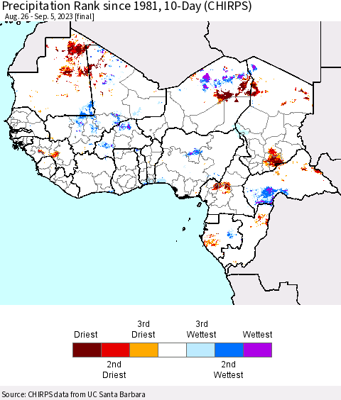 Western Africa Precipitation Rank since 1981, 10-Day (CHIRPS) Thematic Map For 8/26/2023 - 9/5/2023