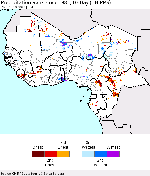 Western Africa Precipitation Rank since 1981, 10-Day (CHIRPS) Thematic Map For 9/1/2023 - 9/10/2023