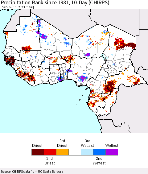 Western Africa Precipitation Rank since 1981, 10-Day (CHIRPS) Thematic Map For 9/6/2023 - 9/15/2023