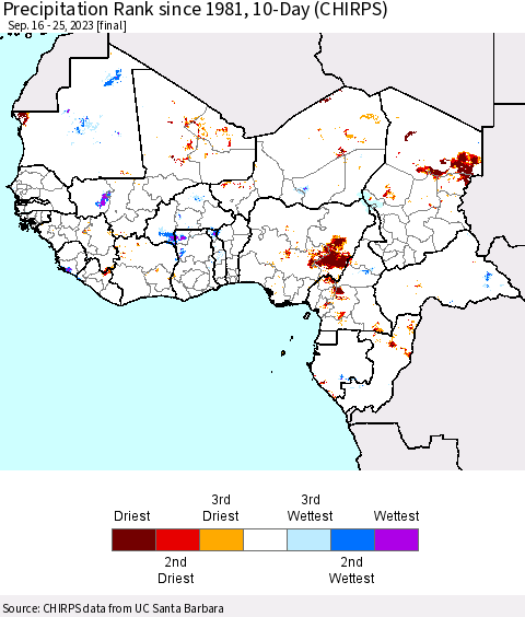 Western Africa Precipitation Rank since 1981, 10-Day (CHIRPS) Thematic Map For 9/16/2023 - 9/25/2023
