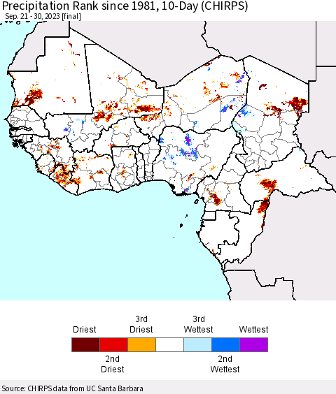 Western Africa Precipitation Rank since 1981, 10-Day (CHIRPS) Thematic Map For 9/21/2023 - 9/30/2023