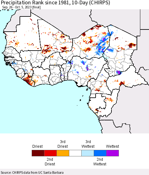Western Africa Precipitation Rank since 1981, 10-Day (CHIRPS) Thematic Map For 9/26/2023 - 10/5/2023