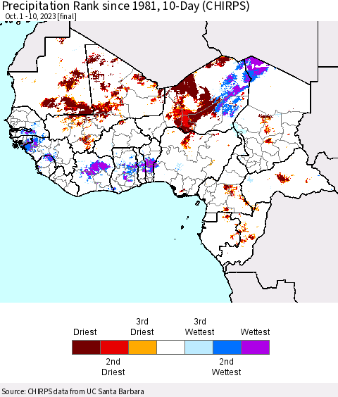 Western Africa Precipitation Rank since 1981, 10-Day (CHIRPS) Thematic Map For 10/1/2023 - 10/10/2023