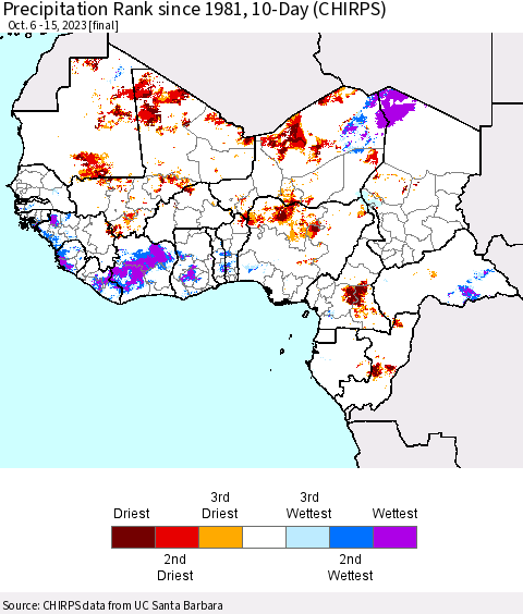 Western Africa Precipitation Rank since 1981, 10-Day (CHIRPS) Thematic Map For 10/6/2023 - 10/15/2023