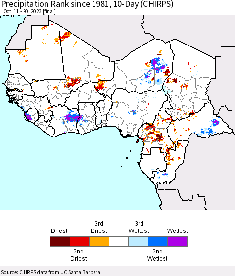 Western Africa Precipitation Rank since 1981, 10-Day (CHIRPS) Thematic Map For 10/11/2023 - 10/20/2023