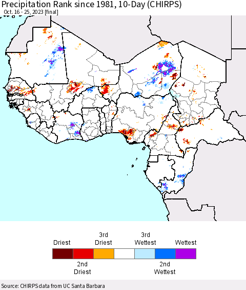Western Africa Precipitation Rank since 1981, 10-Day (CHIRPS) Thematic Map For 10/16/2023 - 10/25/2023