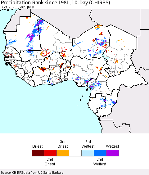 Western Africa Precipitation Rank since 1981, 10-Day (CHIRPS) Thematic Map For 10/21/2023 - 10/31/2023