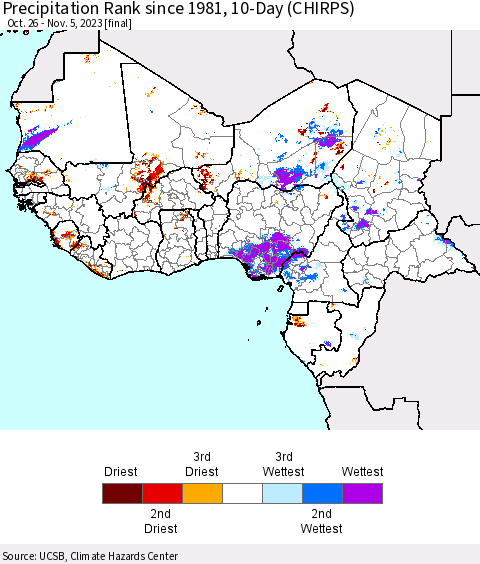 Western Africa Precipitation Rank since 1981, 10-Day (CHIRPS) Thematic Map For 10/26/2023 - 11/5/2023