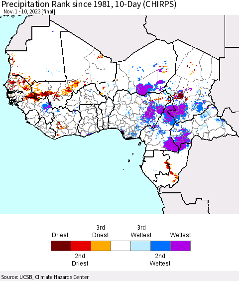 Western Africa Precipitation Rank since 1981, 10-Day (CHIRPS) Thematic Map For 11/1/2023 - 11/10/2023