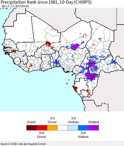 Western Africa Precipitation Rank since 1981, 10-Day (CHIRPS) Thematic Map For 11/6/2023 - 11/15/2023