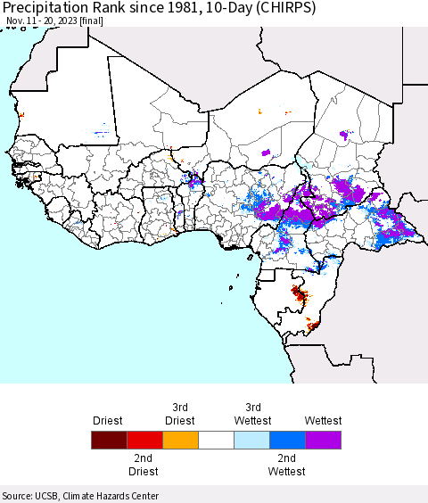 Western Africa Precipitation Rank since 1981, 10-Day (CHIRPS) Thematic Map For 11/11/2023 - 11/20/2023