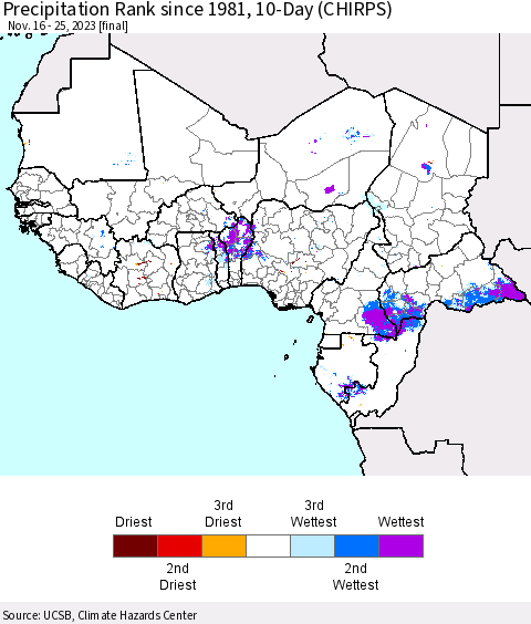 Western Africa Precipitation Rank since 1981, 10-Day (CHIRPS) Thematic Map For 11/16/2023 - 11/25/2023