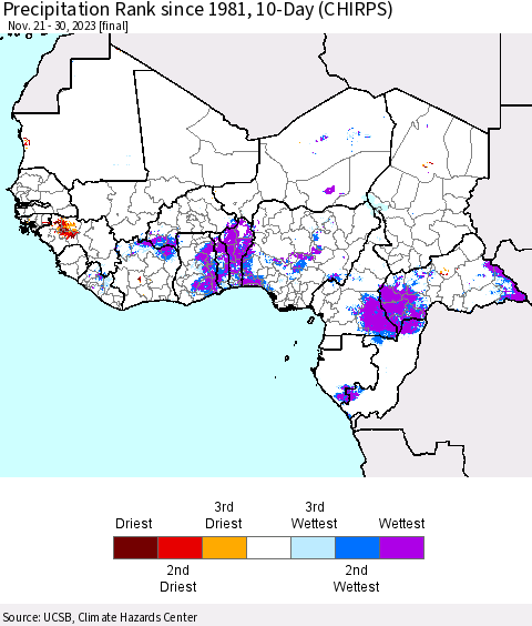 Western Africa Precipitation Rank since 1981, 10-Day (CHIRPS) Thematic Map For 11/21/2023 - 11/30/2023