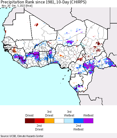 Western Africa Precipitation Rank since 1981, 10-Day (CHIRPS) Thematic Map For 11/26/2023 - 12/5/2023