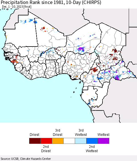 Western Africa Precipitation Rank since 1981, 10-Day (CHIRPS) Thematic Map For 12/1/2023 - 12/10/2023