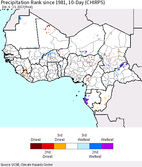 Western Africa Precipitation Rank since 1981, 10-Day (CHIRPS) Thematic Map For 12/6/2023 - 12/15/2023