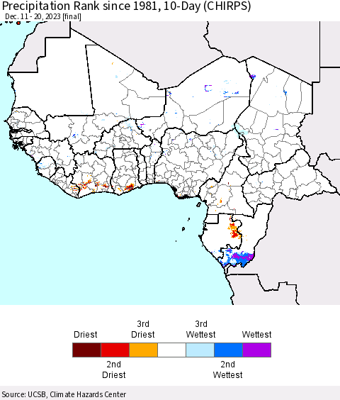 Western Africa Precipitation Rank since 1981, 10-Day (CHIRPS) Thematic Map For 12/11/2023 - 12/20/2023