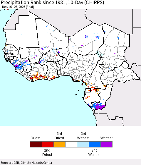 Western Africa Precipitation Rank since 1981, 10-Day (CHIRPS) Thematic Map For 12/16/2023 - 12/25/2023