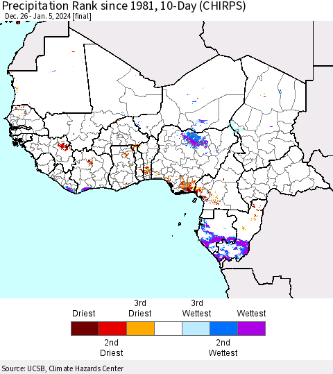 Western Africa Precipitation Rank since 1981, 10-Day (CHIRPS) Thematic Map For 12/26/2023 - 1/5/2024