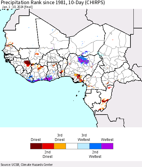 Western Africa Precipitation Rank since 1981, 10-Day (CHIRPS) Thematic Map For 1/1/2024 - 1/10/2024