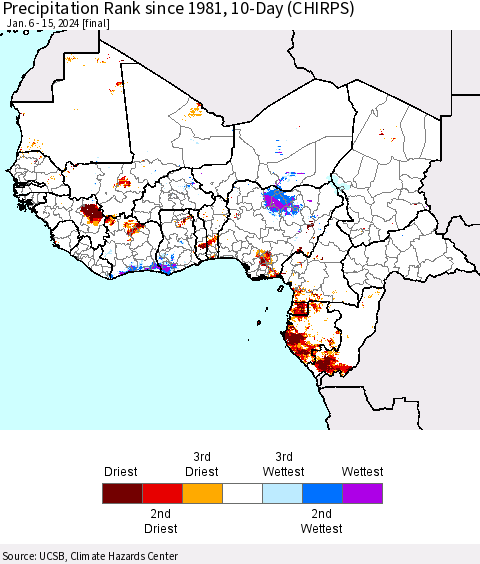 Western Africa Precipitation Rank since 1981, 10-Day (CHIRPS) Thematic Map For 1/6/2024 - 1/15/2024