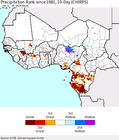 Western Africa Precipitation Rank since 1981, 10-Day (CHIRPS) Thematic Map For 1/11/2024 - 1/20/2024