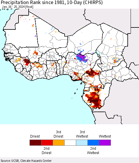 Western Africa Precipitation Rank since 1981, 10-Day (CHIRPS) Thematic Map For 1/16/2024 - 1/25/2024