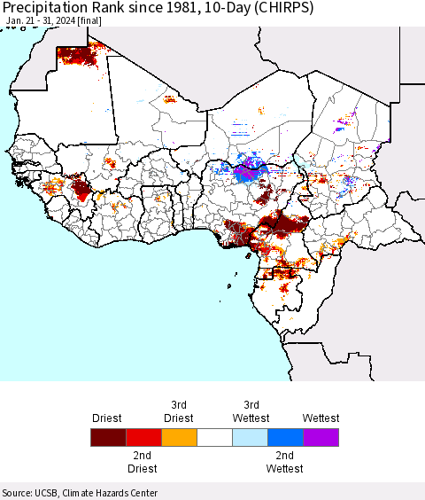 Western Africa Precipitation Rank since 1981, 10-Day (CHIRPS) Thematic Map For 1/21/2024 - 1/31/2024