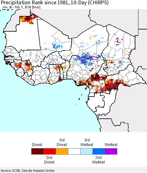 Western Africa Precipitation Rank since 1981, 10-Day (CHIRPS) Thematic Map For 1/26/2024 - 2/5/2024