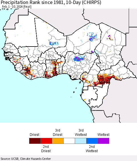 Western Africa Precipitation Rank since 1981, 10-Day (CHIRPS) Thematic Map For 2/1/2024 - 2/10/2024