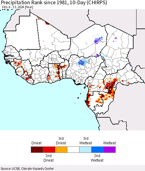 Western Africa Precipitation Rank since 1981, 10-Day (CHIRPS) Thematic Map For 2/6/2024 - 2/15/2024