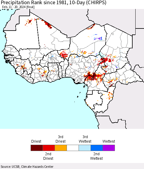 Western Africa Precipitation Rank since 1981, 10-Day (CHIRPS) Thematic Map For 2/11/2024 - 2/20/2024