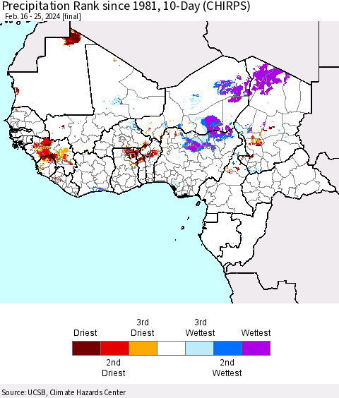 Western Africa Precipitation Rank since 1981, 10-Day (CHIRPS) Thematic Map For 2/16/2024 - 2/25/2024