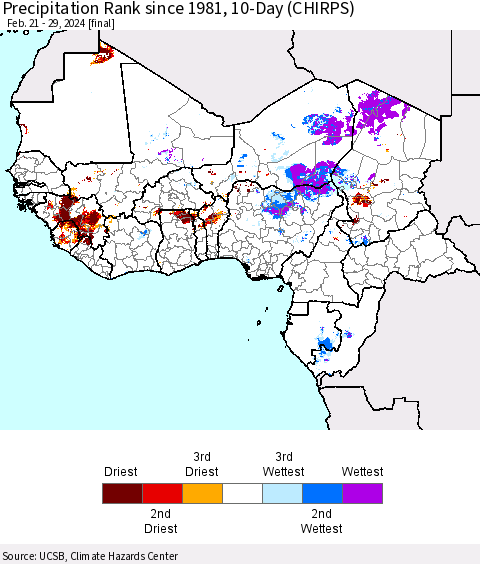 Western Africa Precipitation Rank since 1981, 10-Day (CHIRPS) Thematic Map For 2/21/2024 - 2/29/2024