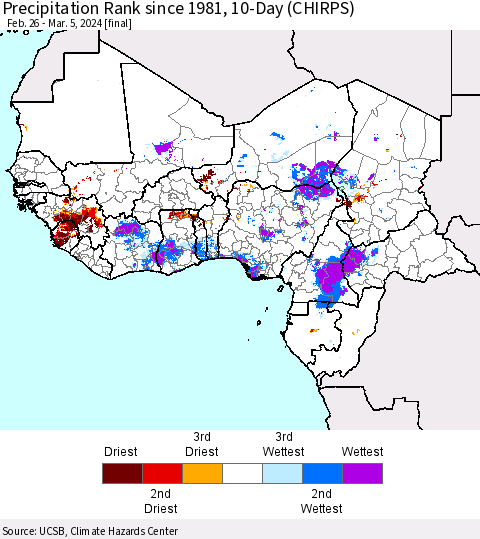 Western Africa Precipitation Rank since 1981, 10-Day (CHIRPS) Thematic Map For 2/26/2024 - 3/5/2024