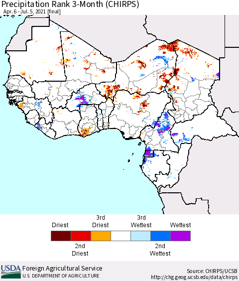 Western Africa Precipitation Rank since 1981, 3-Month (CHIRPS) Thematic Map For 4/6/2021 - 7/5/2021