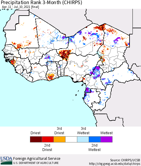 Western Africa Precipitation Rank since 1981, 3-Month (CHIRPS) Thematic Map For 4/11/2021 - 7/10/2021