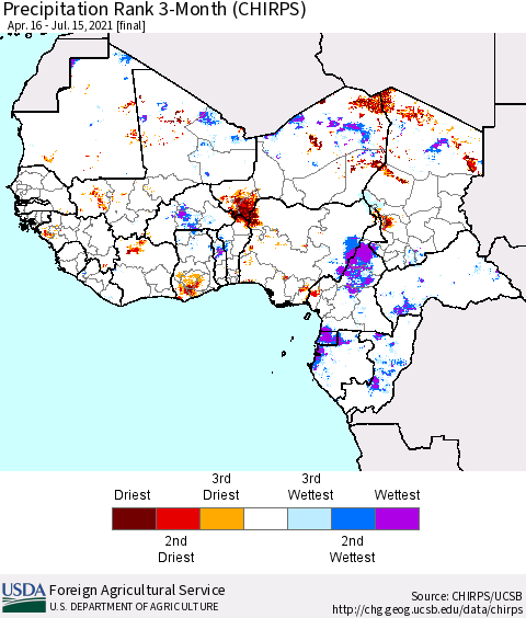 Western Africa Precipitation Rank since 1981, 3-Month (CHIRPS) Thematic Map For 4/16/2021 - 7/15/2021