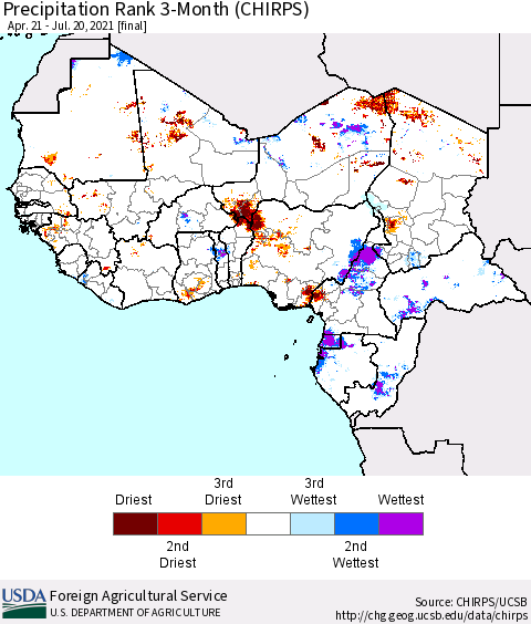 Western Africa Precipitation Rank since 1981, 3-Month (CHIRPS) Thematic Map For 4/21/2021 - 7/20/2021