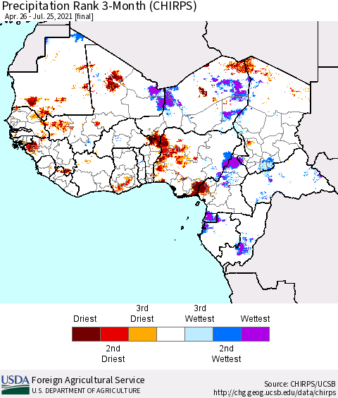 Western Africa Precipitation Rank since 1981, 3-Month (CHIRPS) Thematic Map For 4/26/2021 - 7/25/2021