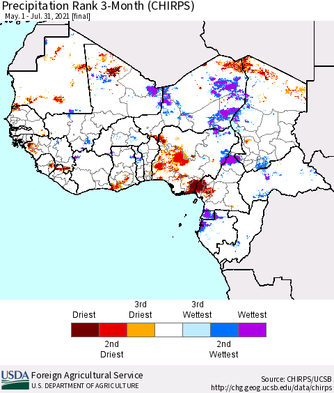 Western Africa Precipitation Rank since 1981, 3-Month (CHIRPS) Thematic Map For 5/1/2021 - 7/31/2021