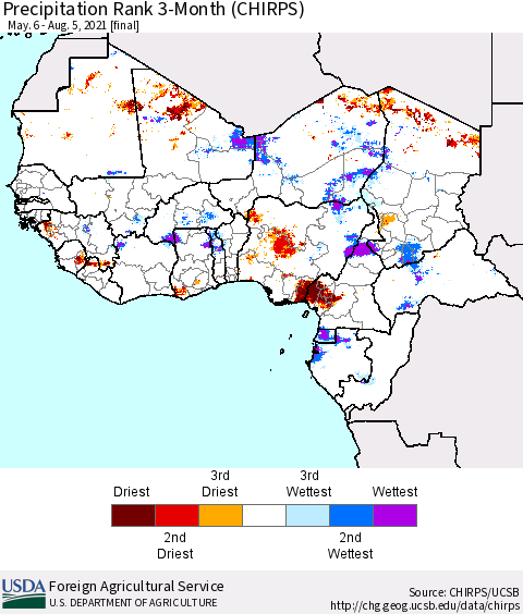 Western Africa Precipitation Rank since 1981, 3-Month (CHIRPS) Thematic Map For 5/6/2021 - 8/5/2021