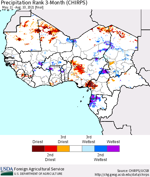 Western Africa Precipitation Rank since 1981, 3-Month (CHIRPS) Thematic Map For 5/11/2021 - 8/10/2021